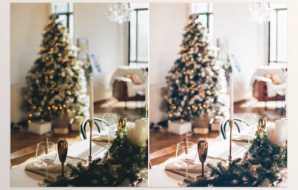 Creative Market - 10 CHRISTMAS Lightroom Preset - A cozy winter scene illuminated by festive lights, bringing warmth to the holiday season.