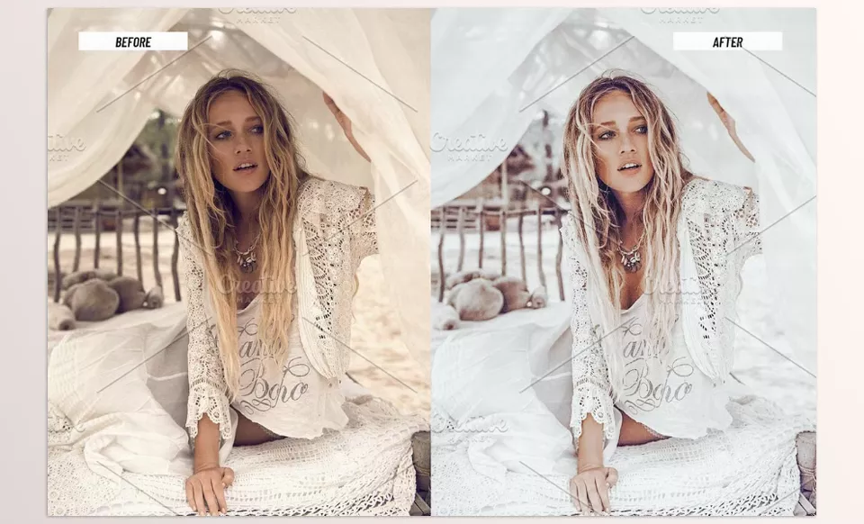 Creative Market - Lightroom Presets Boho White - Transform your photos with deep contrast and rich, moody tones.