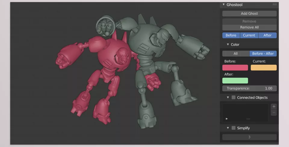 Ghostool - An addon to create Ghosts (onion skins, static meshes in specific frames of our animations) in the 3D viewport.