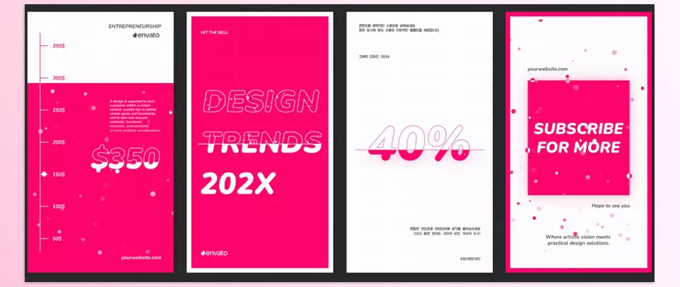 Dynamic Typography Scenes for After Effects - a collection of horizontal and vertical scenes with customizable colors and adjustable text.