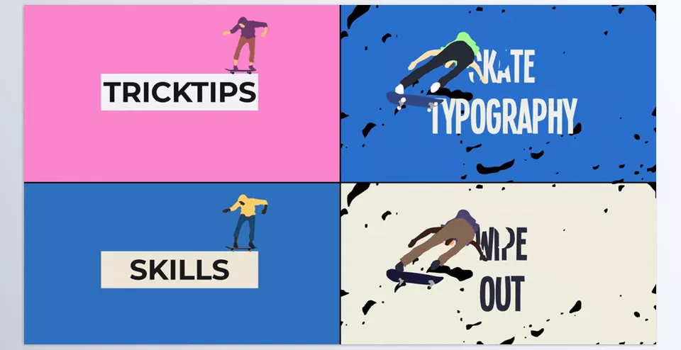 Skateboarding Typography Scenes for After Effects - featuring 4 dynamic slides with customizable colors and editable text.