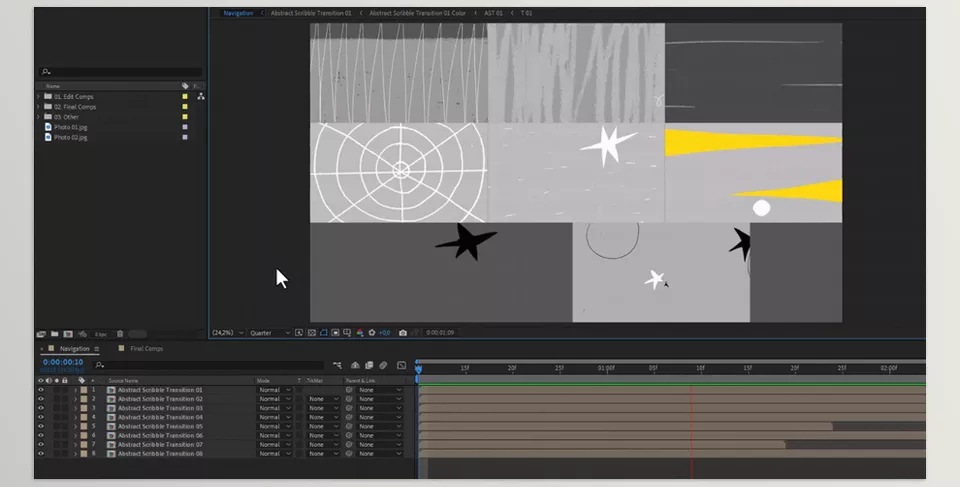 Abstract Scribble Transitions for After Effects - Use it in artistic presentations, web content, social media posts, and much more for a unique, eye-catching look.