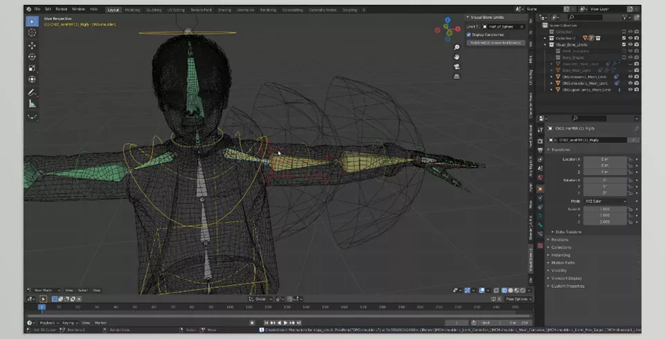Visual Bone Limits - Easily constrain bone rotation to mesh surfaces with a clear, visual representation of the limit space.