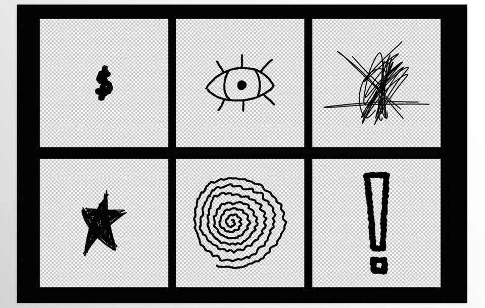 Scron 2000+ Monoliner Scribbles - Add a raw, grunge feel to your artwork with a vast collection of hand-drawn scribbles and shapes, perfect for creating unique textures and effects. 