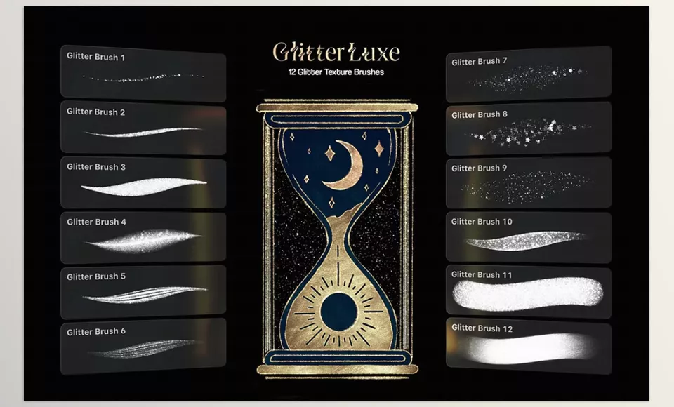 Creative Market - Photoshop Glitter Texture Brushes - Add sparkle to your projects effortlessly and bring them to life using different glitter brushes.