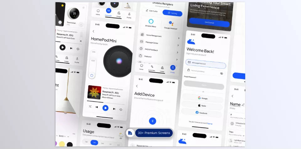 Domonic Smart Home App UI Kit - Streamlined navigation and beautiful captures of elegance are within reach in our all-inclusive screen collection.