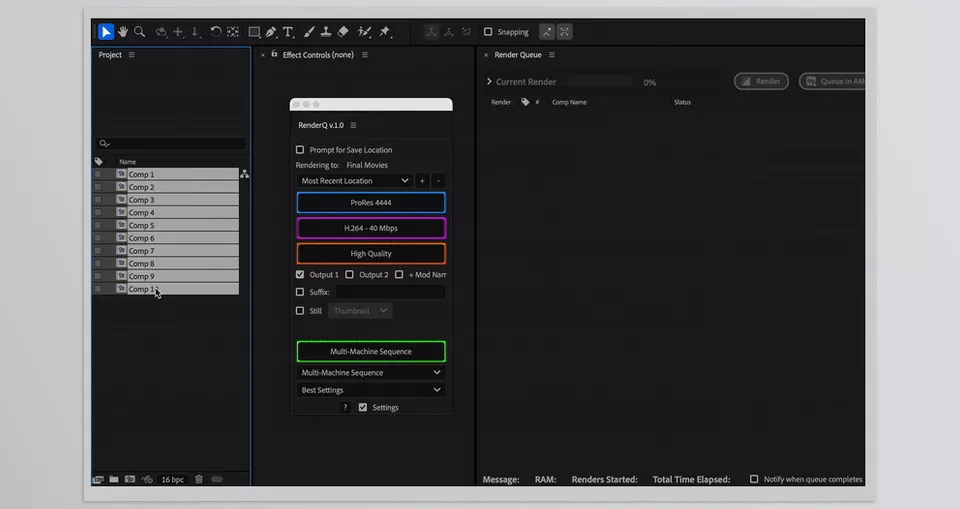 Aescripts - RenderQ - Create and manage batch renders easily without dealing with extensive multi-adjustment configurations.