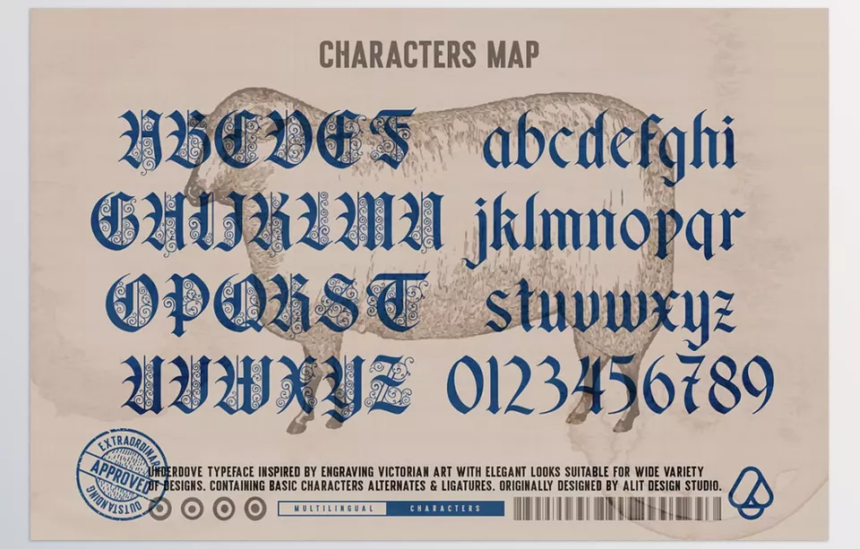 Creative Market - Underdove Typeface - Showcase intricate details coupled with bold structures by Gothic elegance typeface with sharp contrasts.
