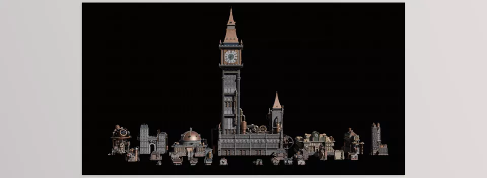 Gears District Steampunk Constructs Kitbash Buildings - Gears District breathes life into mechanical artistry with its copper and brass constructs.