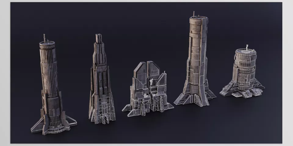 Blender - Sci-Fi Brutalist - A collection of diverse modeled spacecraft portray endless interstellar travels.