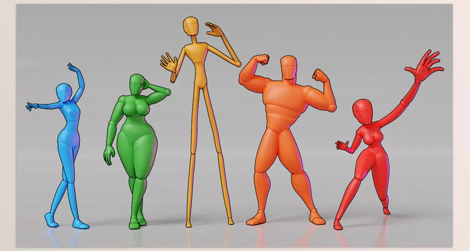 Blender - Adjustable Mannequin - Fantasy-posed characters created with visuals can easily be exported with Blender.