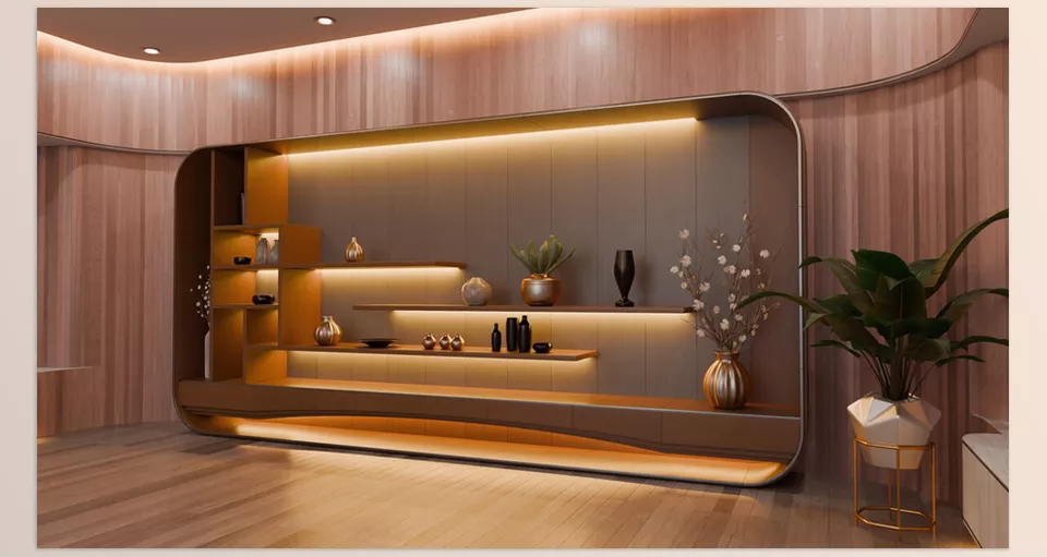 Blender - Modern Curved Wooden Living Room - Enjoy the beauty of modern design from this brand-new 3D living room model.