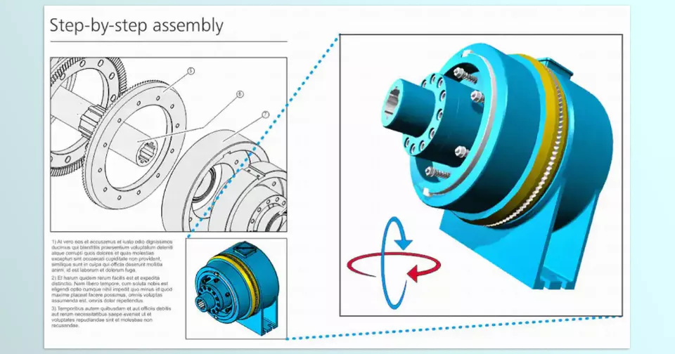 Technical Suite 2024 - Publish to 3D PDF for interactive viewing of 3D content, integrated with additional visual and text elements.