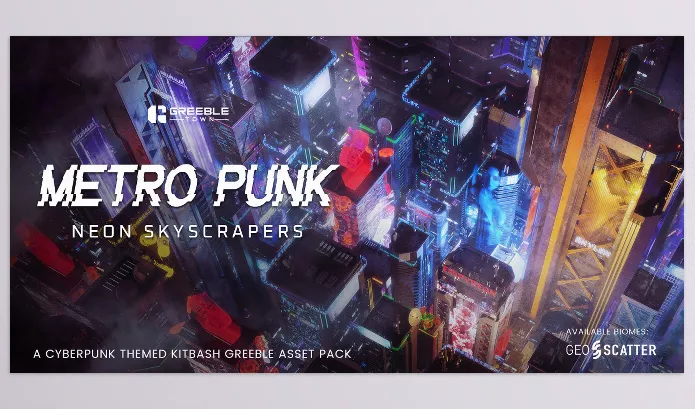Blender – MetroPunk Neon Skyscrapers Cyberpunk Kitbash Greeble Assets Download