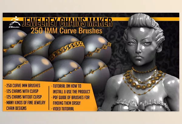 Artstation – Jewelry Chains Maker 250 ZBrush Curve IMM Brushes for ZBrush Download